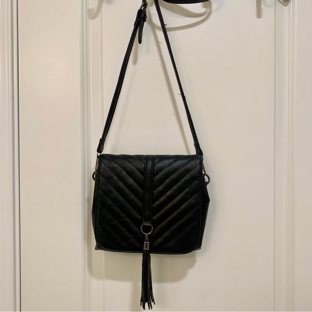 Sam & Hadley Black Quilted Mini Adjustable Crossbody Bag w/ Fringe Tassel Accent